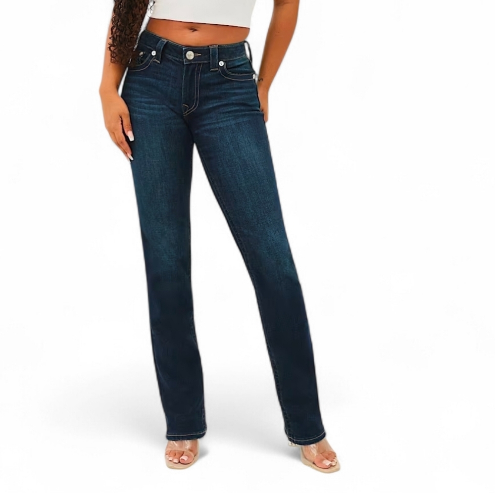 True Religion Women's Billie Mid Rise Dark Blue Straight Leg Jeans